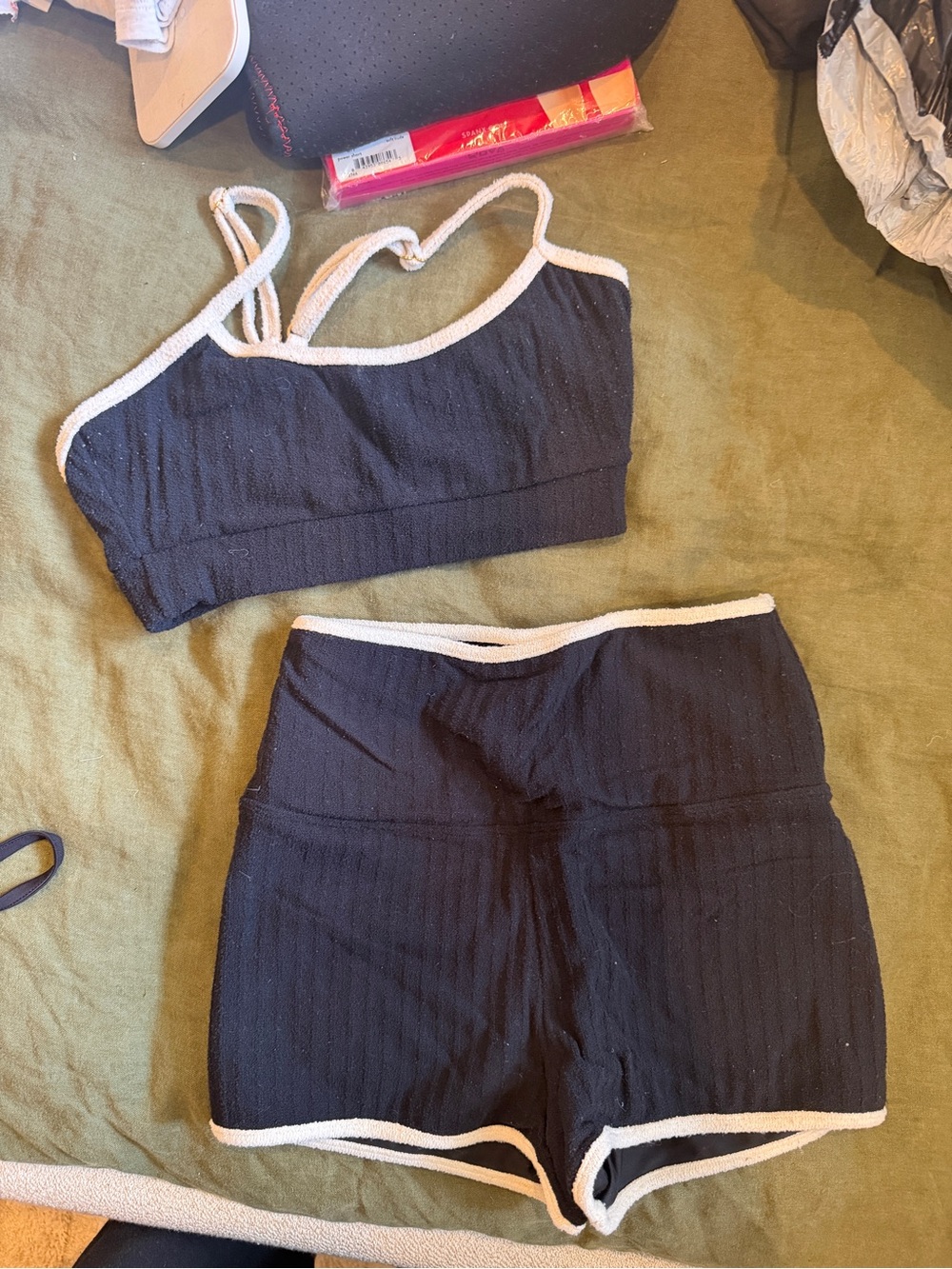 Montce Black Ribbed Lounge Crop Top & Shorts Set with White Trim